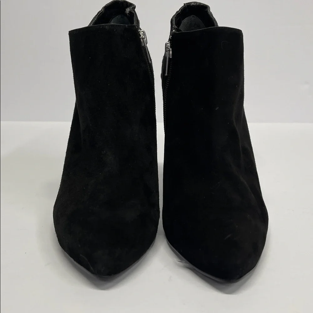 BCBGeneration black suede platform stiletto ankle booties with laceup detail